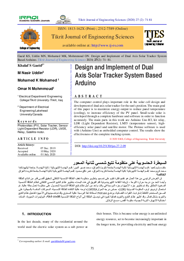 (PDF) Design and Implement of Dual Axis Solar Tracker System Based Arduino