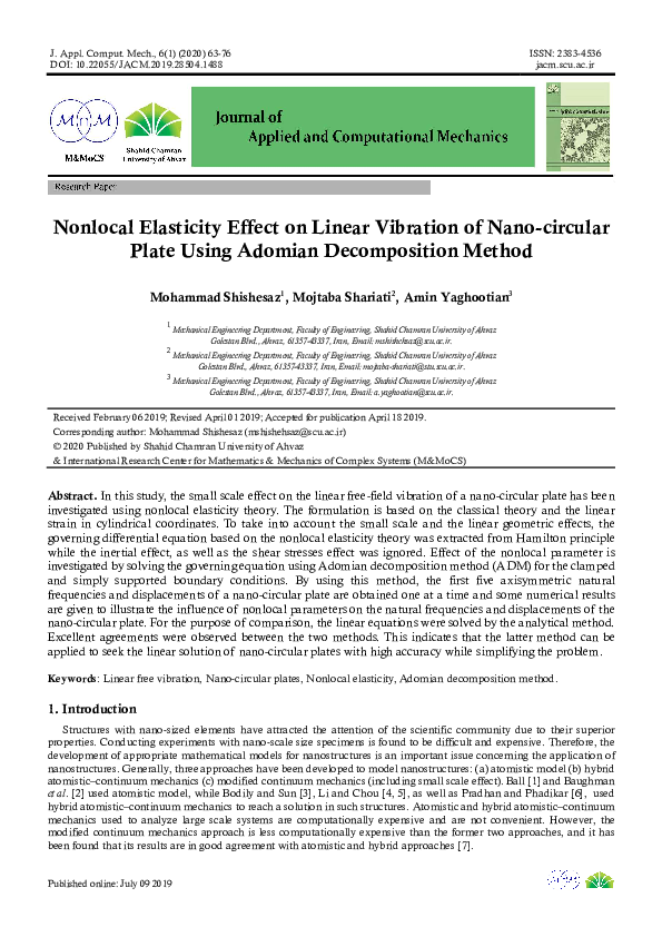 (PDF) Nonlinear Vibration Analysis of Nano-Disks Based on Nonlocal ...