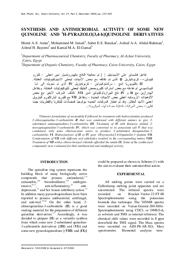 (PDF) SYNTHESIS AND ANTIMICROBIAL ACTIVITY OF SOME NEW QUINOLINE AND 1H ...