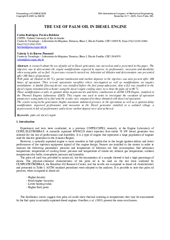(PDF) The Use of Palm Oil in Diesel Engine