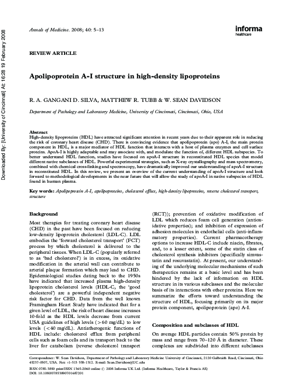(PDF) Apolipoprotein A‐I structure in high‐density lipoproteins