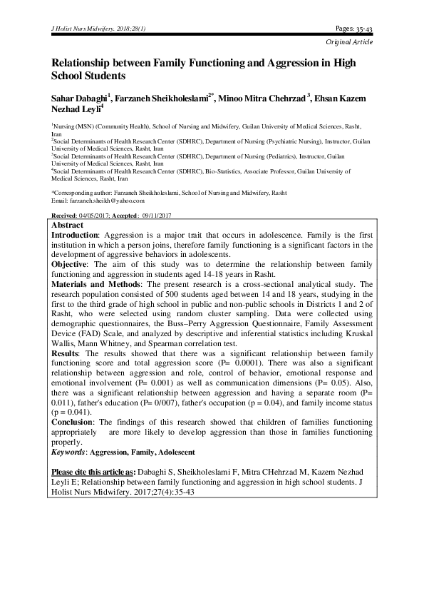 (PDF) Relationship between Family Functioning and Aggression in High ...