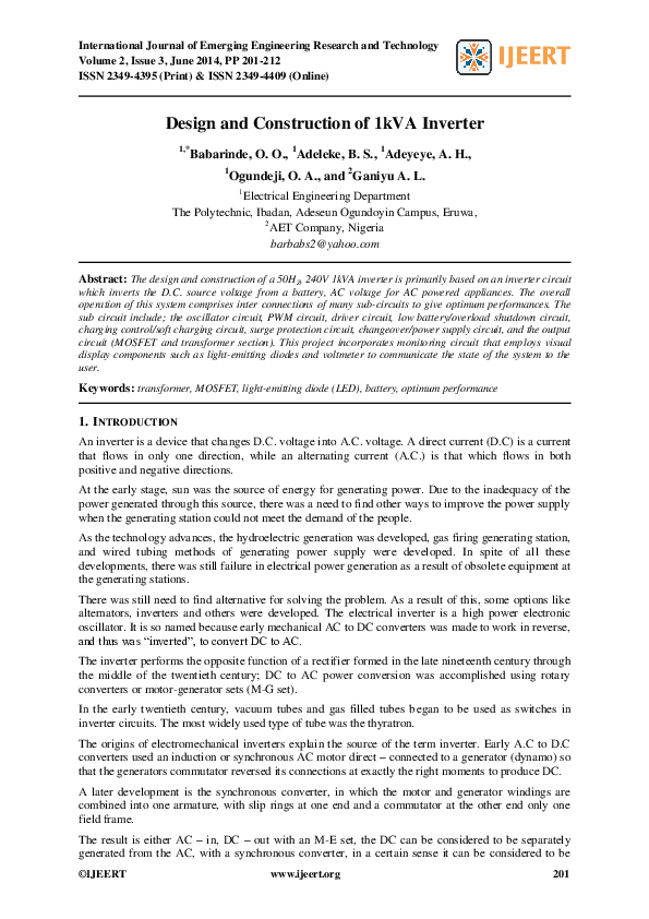 (PDF) Design and Construction of 1kVA Inverter