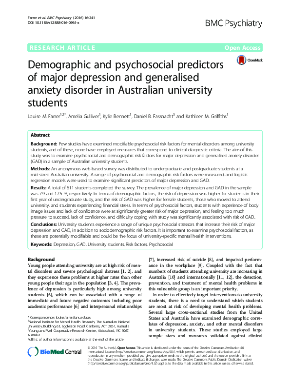 (PDF) Demographic and psychosocial predictors of major depression and ...