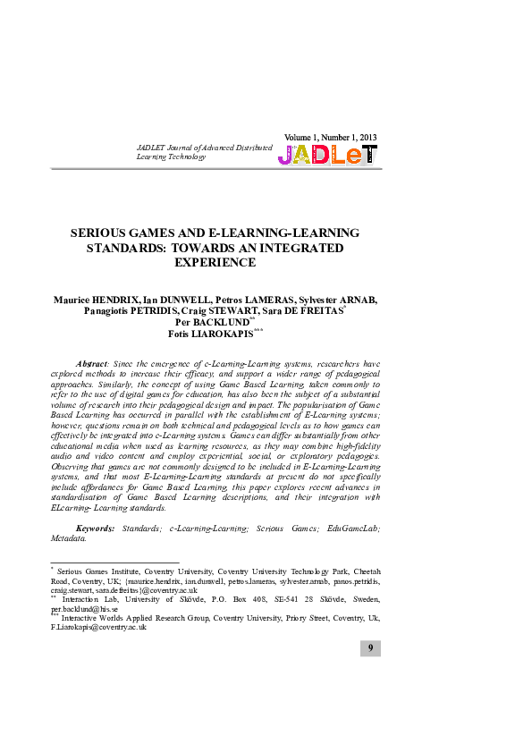 (PDF) Serious Games and E-Learning-Learning Standards: Towards an ...