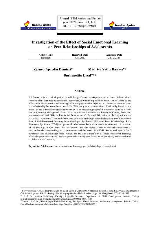 (PDF) Investigation of the Effect of Social Emotional Learning on Peer ...