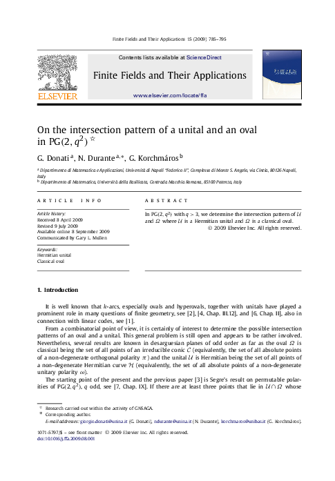 (PDF) On the intersection pattern of a unital and an oval in