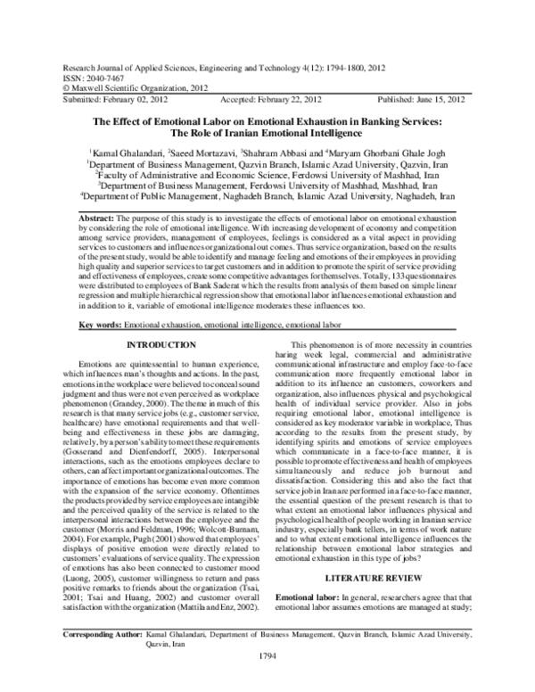 (PDF) The Effect of Emotional Labor on Emotional Exhaustion in Banking ...