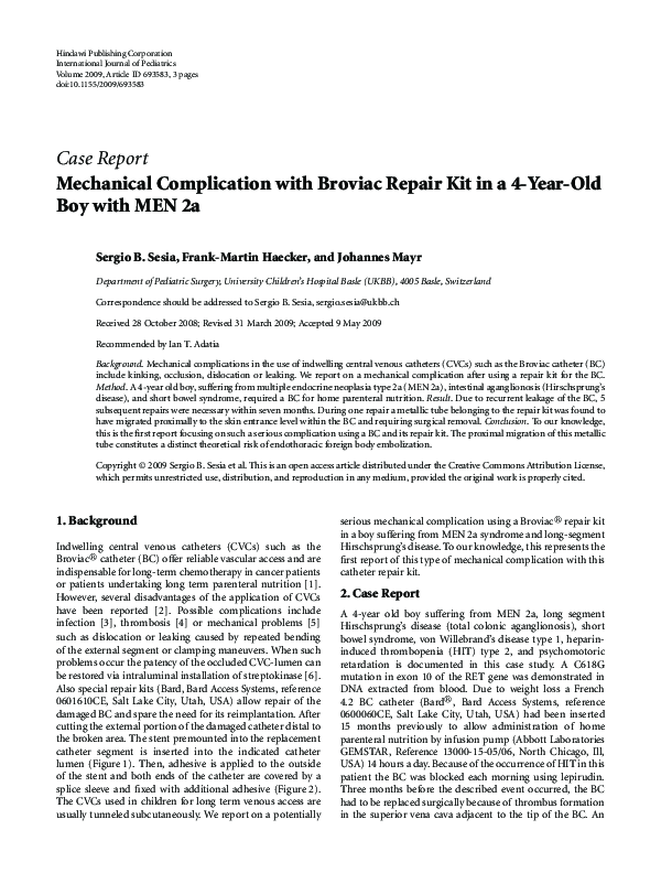(PDF) Mechanical Complication with Broviac Repair Kit in a 4YearOld