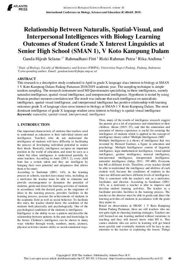 (PDF) Relationship Between Naturalis, Spatial-Visual, and Interpersonal ...