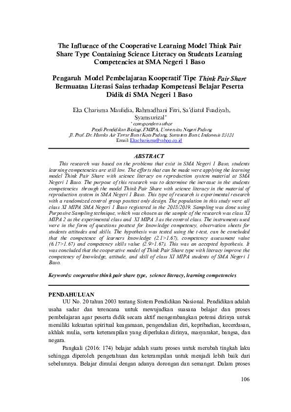(PDF) The Influence of the Cooperative Learning Model Think Pair Share ...