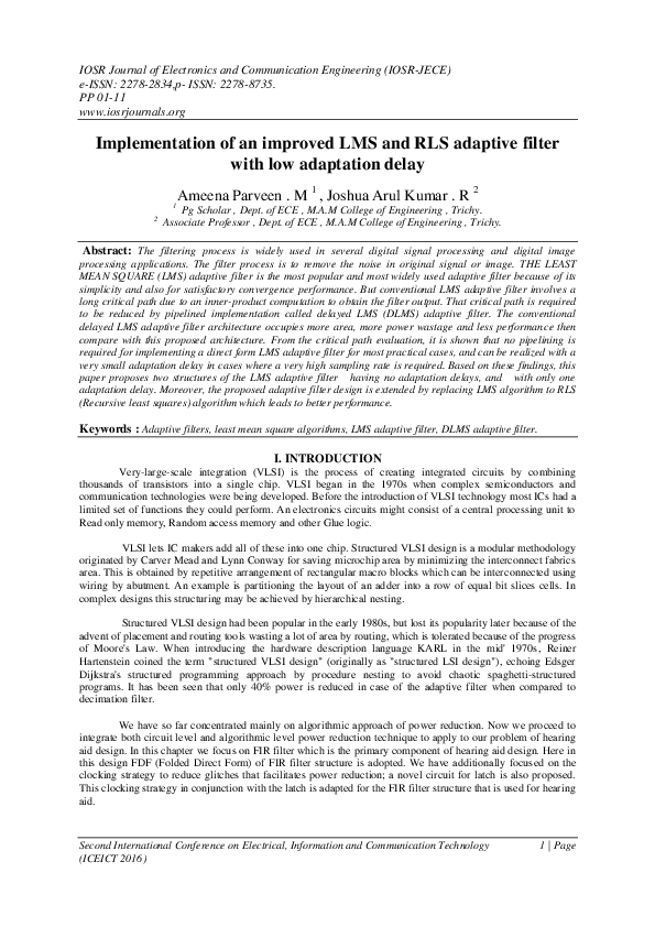 (PDF) Implementation of an improved LMS and RLS adaptive filter with ...