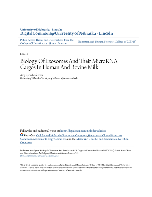(PDF) Biology Of Exosomes And Their MicroRNA Cargos In Human And Bovine ...