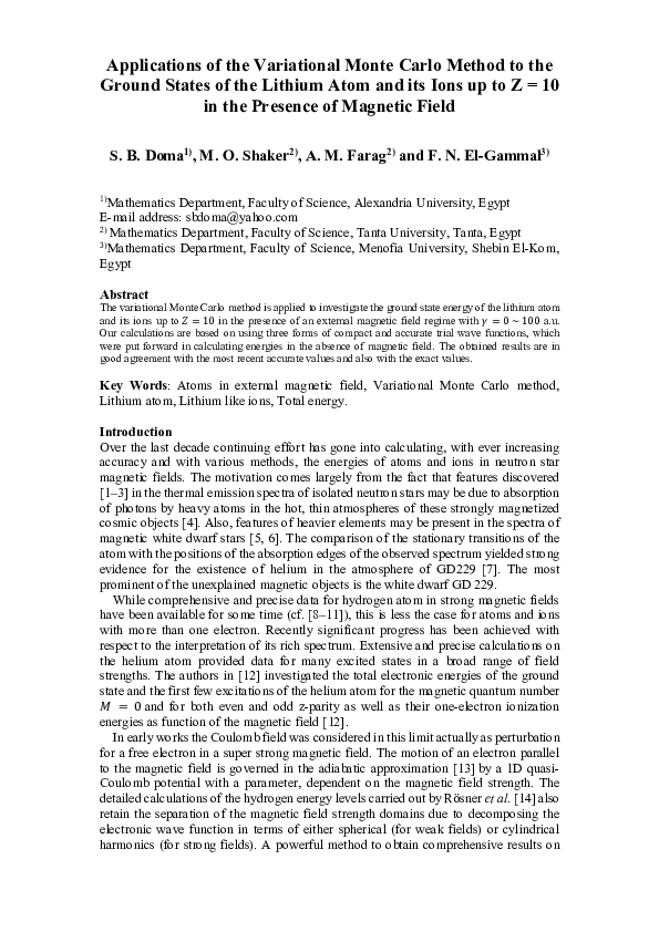 (PDF) Applications of the Variational Monte Carlo Method to the Ground ...