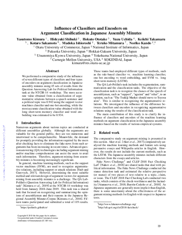 (PDF) Influence of Classifiers and Encoders on Argument Classification ...