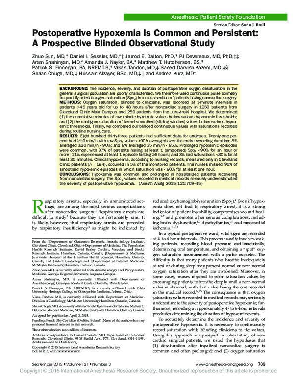(PDF) Postoperative Hypoxemia Is Common and Persistent: A Prospective ...