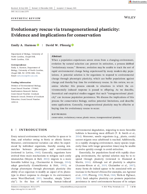 (PDF) Evolutionary rescue via transgenerational plasticity: Evidence ...