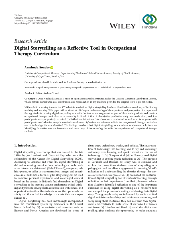 (PDF) Digital Storytelling as a Reflective Tool in Occupational Therapy ...