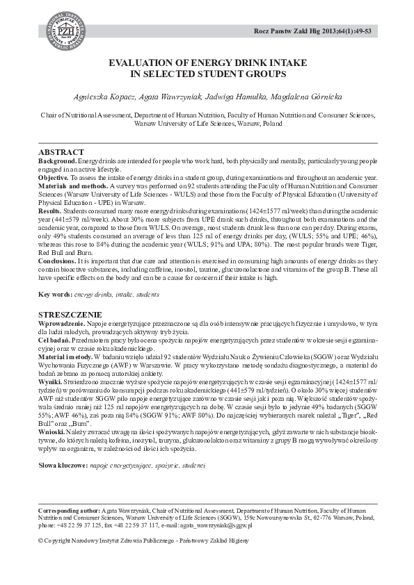 (PDF) Evaluation of energy drink intake in selected student groups