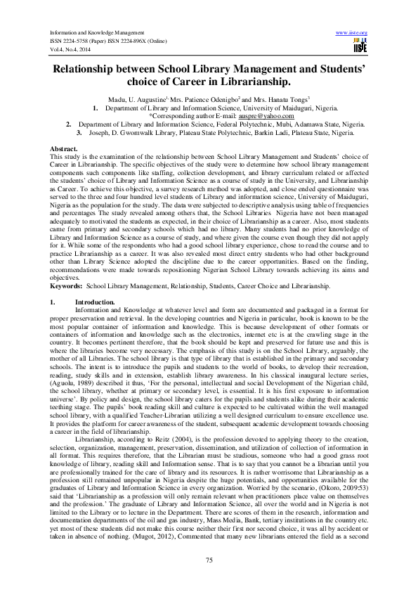 (PDF) Relationship between School Library Management and Students ...