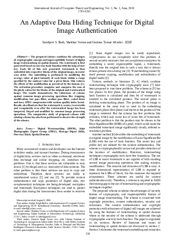 (PDF) An Adaptive Data Hiding Technique for Digital Image Authentication