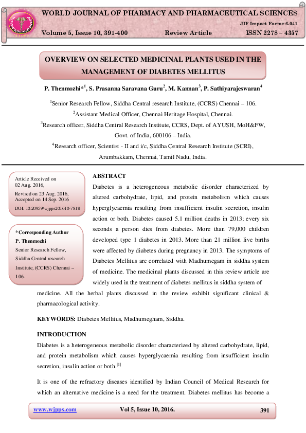 (PDF) OVERVIEW ON SELECTED MEDICINAL PLANTS USED IN THE MANAGEMENT OF ...