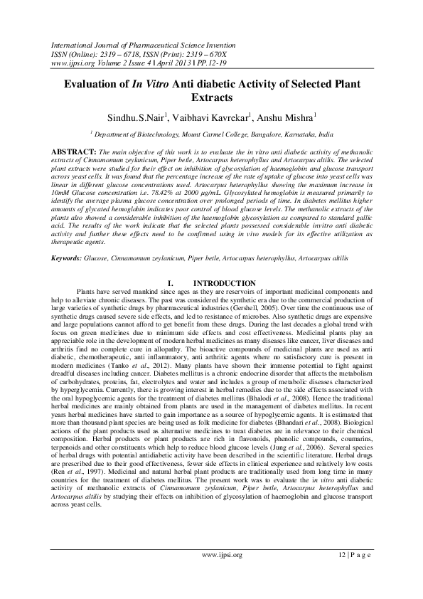 (PDF) Evaluation of In Vitro Anti diabetic Activity of Selected Plant ...