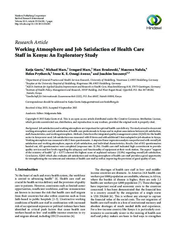 (PDF) Working Atmosphere and Job Satisfaction of Health Care Staff in ...