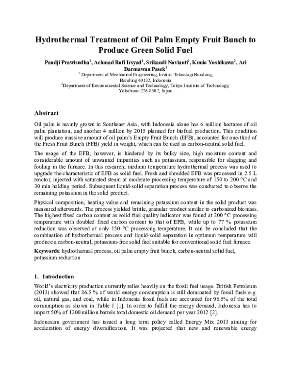 (PDF) Hydrothermal Treatment of Oil Palm Empty Fruit Bunch to Produce ...