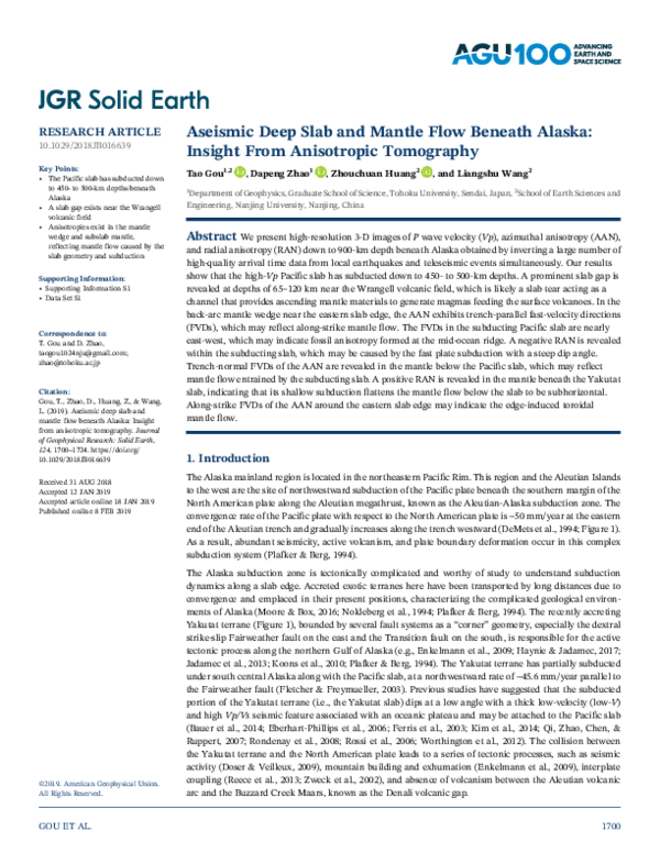 (PDF) Aseismic deep slab and mantle flow beneath Alaska: Insight from ...