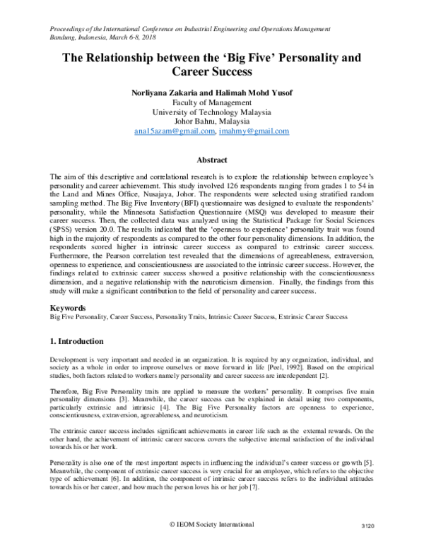 (PDF) The Relationship between the ‘ Big Five ’ Personality and Career ...