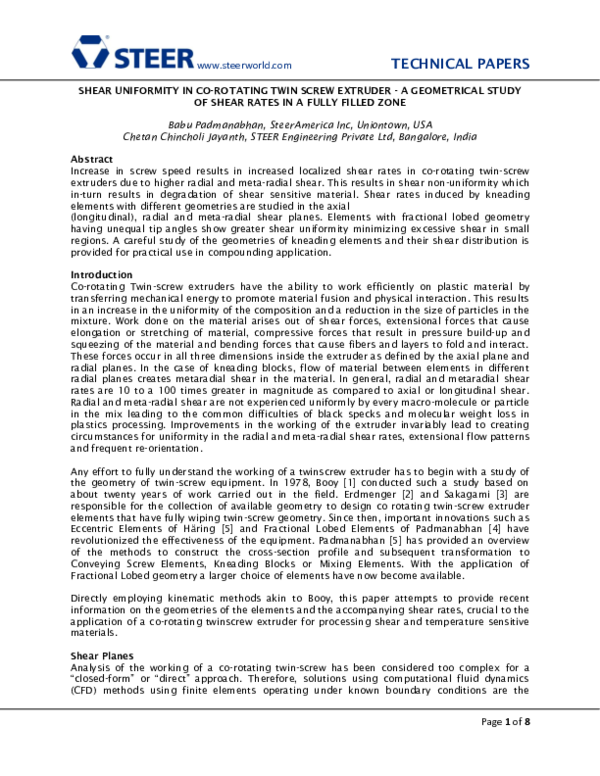 (PDF) Shear Uniformity in CoRotating Twin Screw ExtruderA Geometrical
