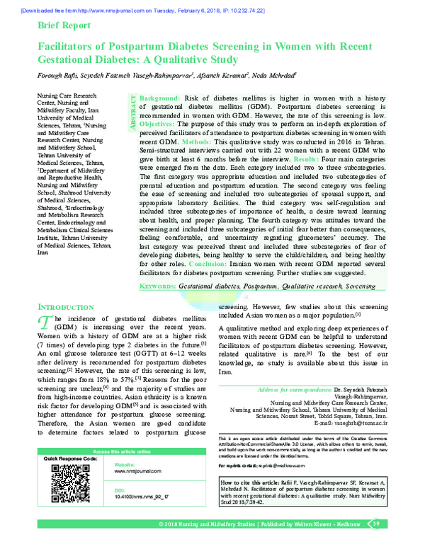 (PDF) Facilitators of postpartum diabetes screening in women with ...
