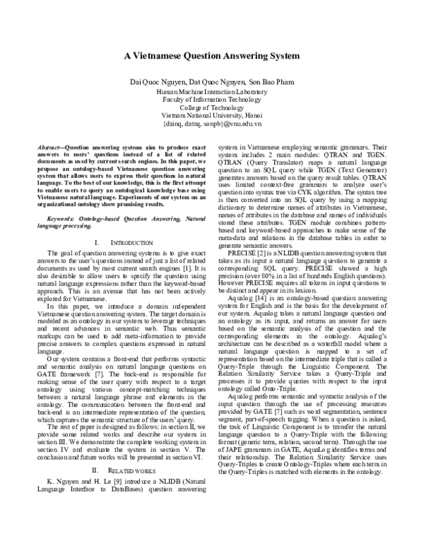 (PDF) A Vietnamese Question Answering System