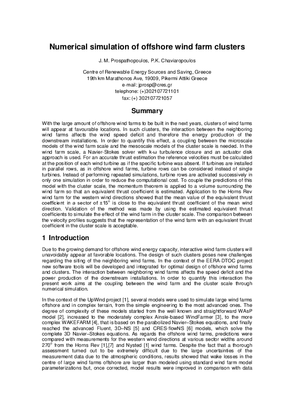 (PDF) Numerical simulation of offshore wind farm clusters