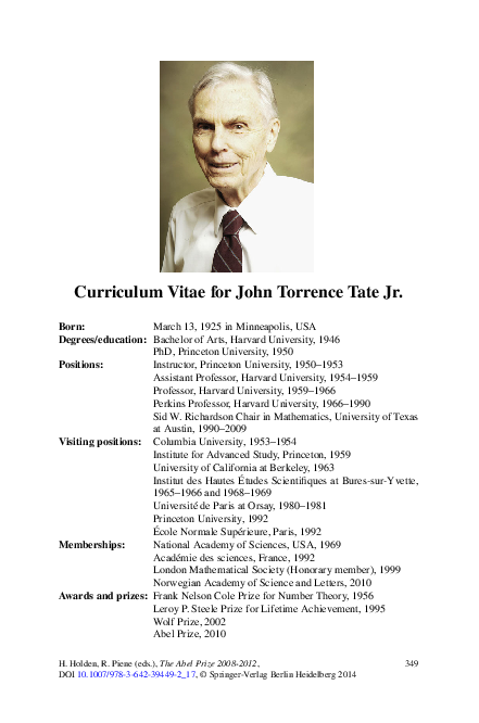(PDF) Curriculum Vitae for John Torrence Tate Jr Ragni Piene
