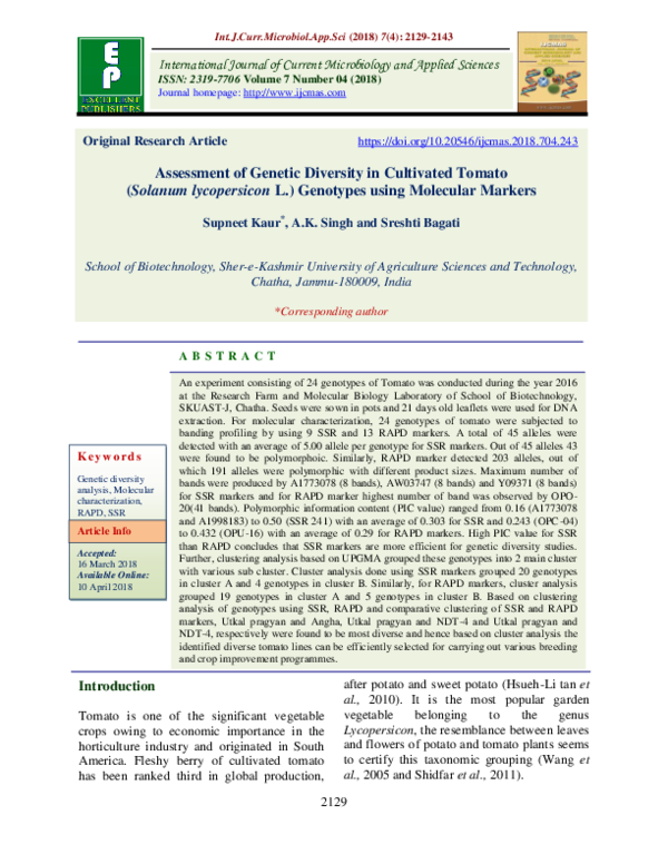 (PDF) Assessment of Genetic Diversity in Cultivated Tomato Solanum ...