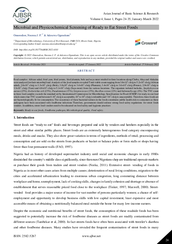 (PDF) Microbial and Physicochemical Screening of Ready to Eat Street Foods