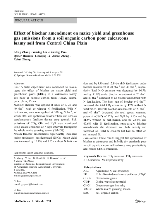 (PDF) Effect of biochar amendment on maize yield and greenhouse gas ...
