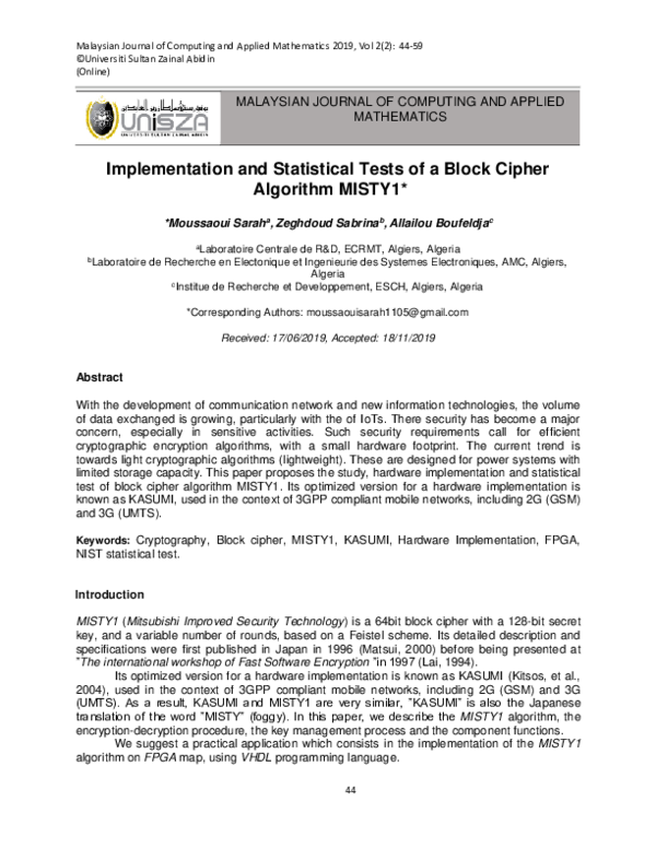 (PDF) Implementation and Statistical Tests of a Block Cipher Algorithm ...