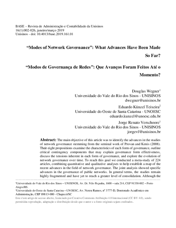 (PDF) “Modes of Network Governance”: What Advances Have Been Made So Far?