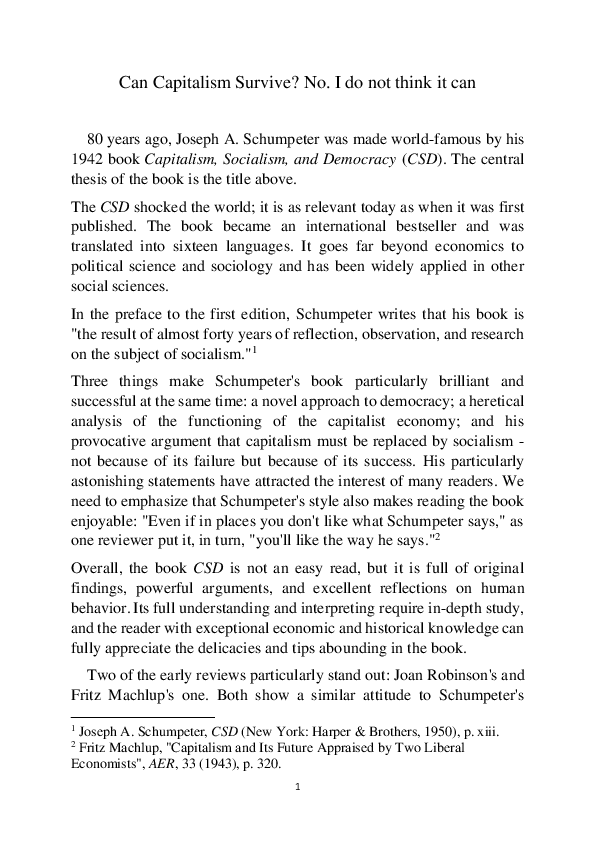 (PDF) Can Capitalism Survive? No. I do not think it can