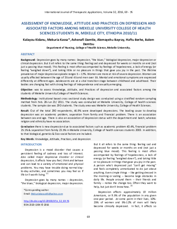 (PDF) Assessment of Knowledge, Attitude and Practices on Depression and ...