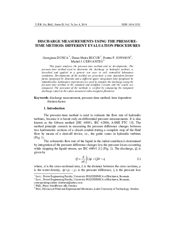 (PDF) Discharge Measurements Using the Pressure-Time Method: Different ...
