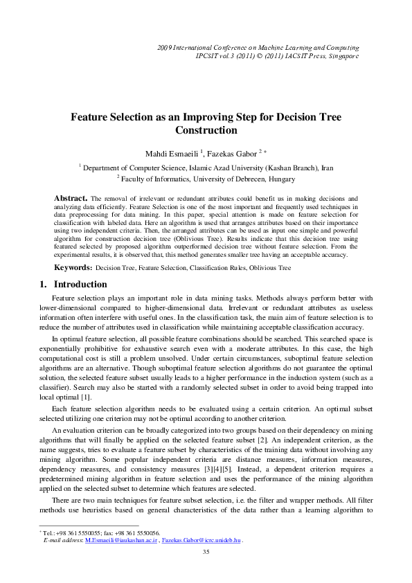 (PDF) Feature Selection as an Improving Step for Decision Tree Construction