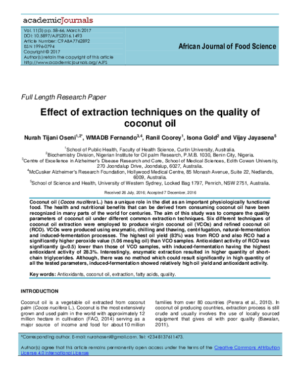 (PDF) Effect of extraction techniques on the quality of coconut oil