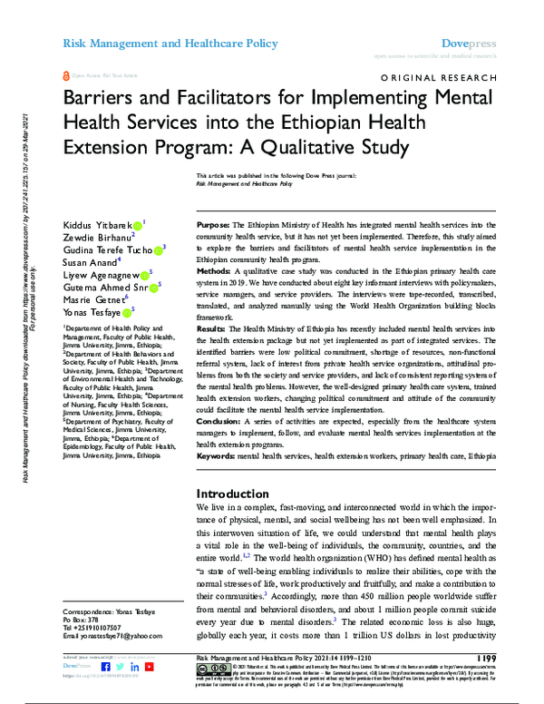 (PDF) Barriers and Facilitators for Implementing Mental Health Services ...