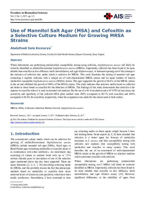 (PDF) Use of Mannitol Salt Agar ( MSA ) and Cefoxitin as a Selective ...
