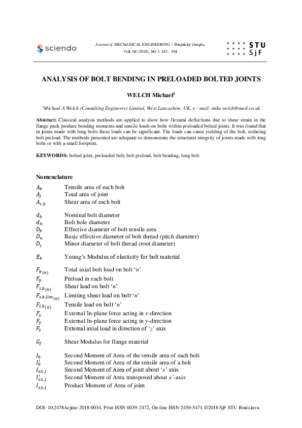 (PDF) ANALYSIS OF BOLT BENDING IN PRELOADED BOLTED JOINTS