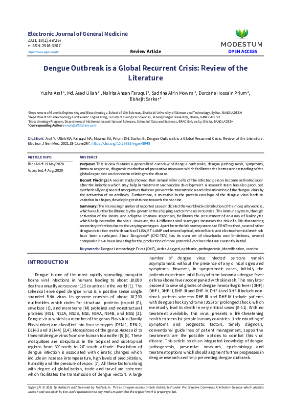 (PDF) Dengue Outbreak is a Global Recurrent Crisis: Review of the ...